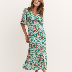 Dainty Tea Dress with Fabric Buttons and Balloon Sleeves